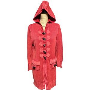 PBJ Blues Hooded Red Long Front Toggle Button Knit Sweater Cardigan size large